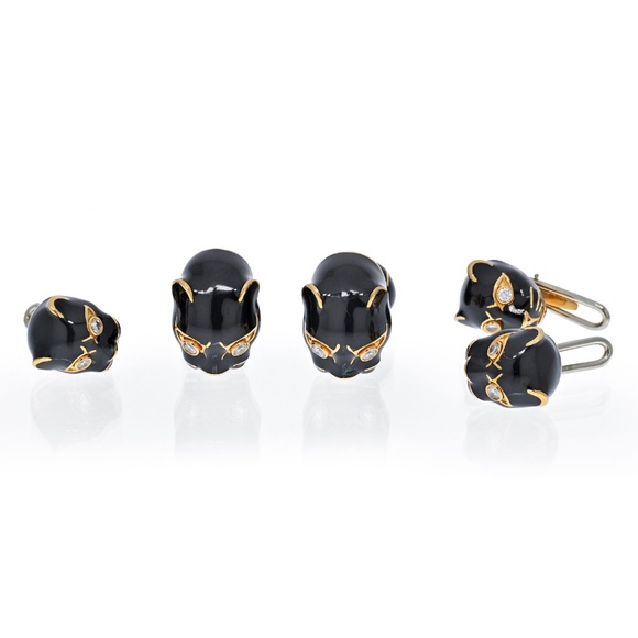 David Webb 18K Yellow Gold Black Enamel And Diamond Stud And Cufflinks Set - Picture 1 of 5